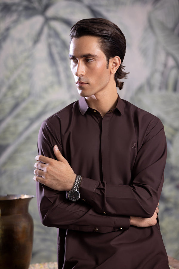 Stitched Round Collar Hidden Placket Kameez Shalwar for Men - Chocolate