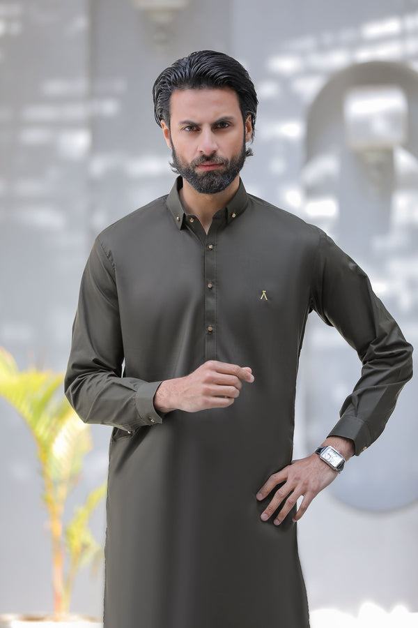 Stitched Signature Logo Shalwar Kameez With Golden Buttons for Men - Dark Green