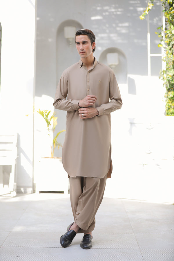 Stitched Signature Logo Shalwar Kameez With Golden Button for Men - Light Brown